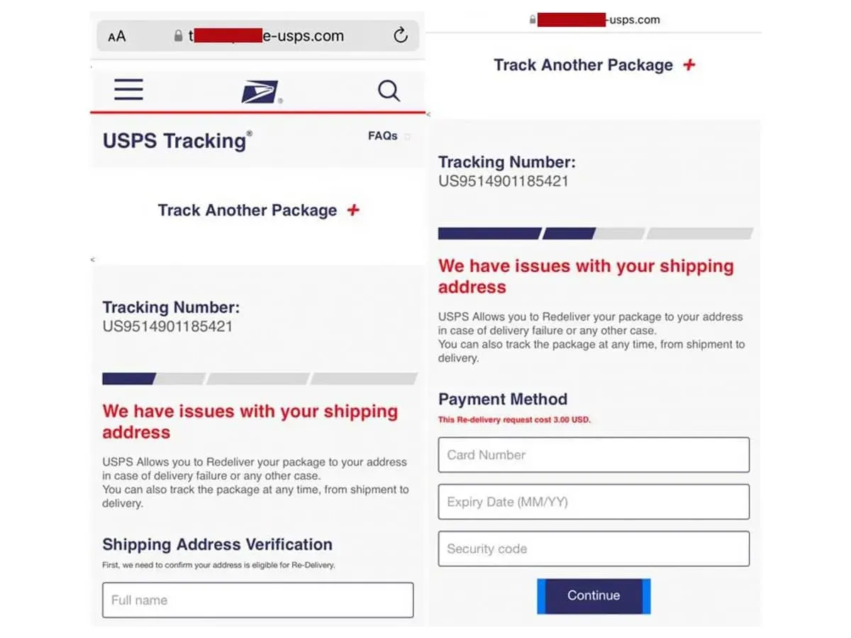 two mobile web browser screens side-by-side showing a fake USPS package tracking website